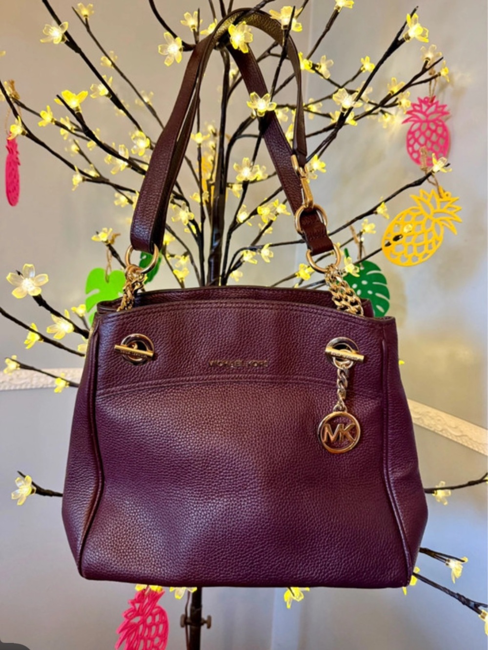 Michael Kors Plum Pebbled Leather Shoulder Bag with Gold Hardware